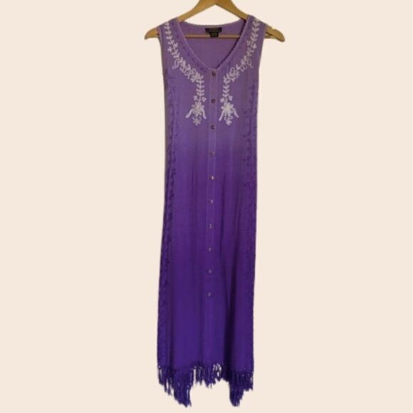 Vintage Ombre Indian Embroidered Bohemian Fringe Midi Dress - One Size - Picture 1 of 15
